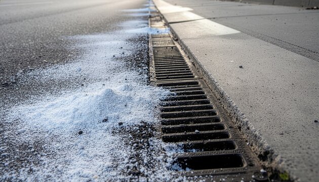 White powder piles on asphalt road near storm drain for winter maintenance or spill cleanup