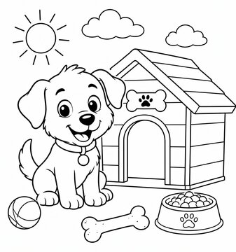 Cute little puppy sitting in front of a dog house with a bone and bowl for coloring page