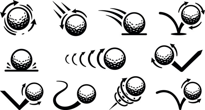 Golf ball motion icons set showing flight paths, spin, bounce and trajectory vector graphics