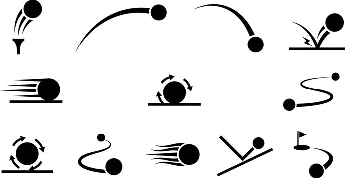 Golf ball motion and trajectory icons set showing flight paths and movement vectors