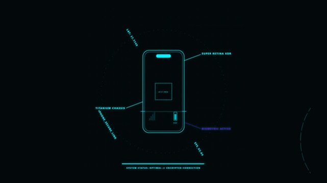 Futuristic Smartphone Interface HUD with Technical Specifications and Cyber Security Concept