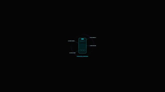 Futuristic Smartphone HUD Interface Displaying Technical Specifications on Black Background