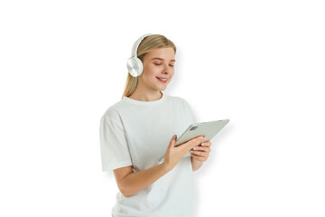 Woman smiles while using tablet and wearing headphones. Digital engagement concept, PNG © Atlas