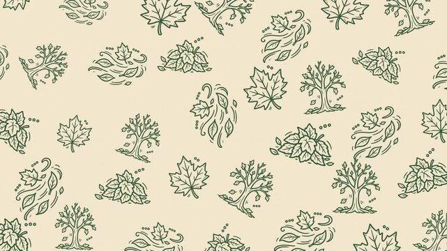 Autumn doodle pattern with maple leaves, trees and windy falling leaves. Seamless loop, dark green line art on cream background.