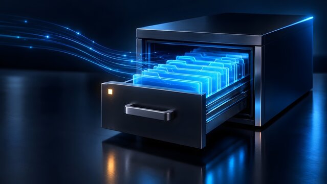 Metallic filing cabinet containing glowing digital folders representing secure electronic archiving and modern data storage
