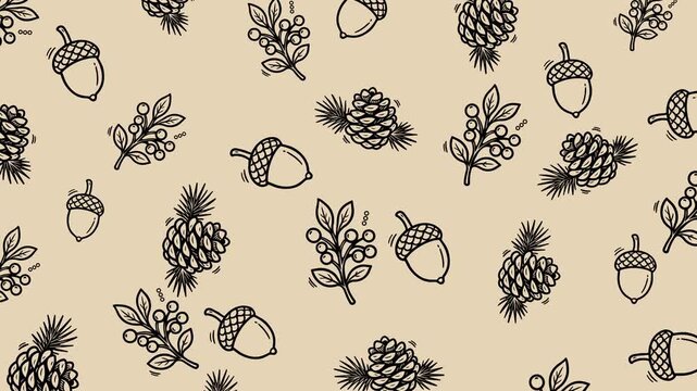 Autumn woodland doodle pattern with acorns, pinecones and berry branches. Seamless loop, black line art on beige background.