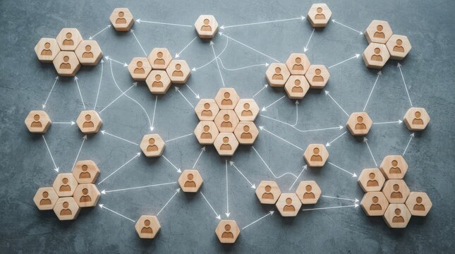 Wooden blocks with human icons and network connection lines