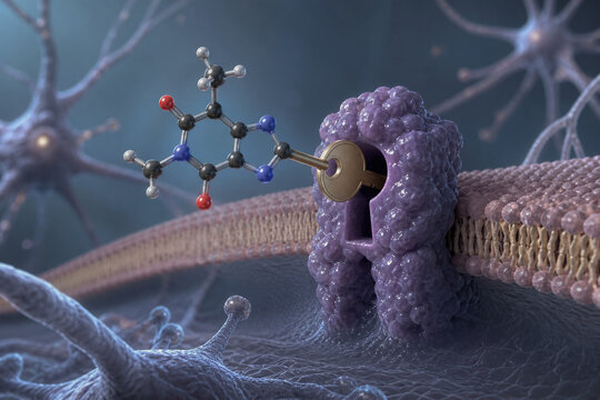 Caffeine blocking adenosine receptor on neuron membrane