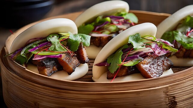 Steamed bao buns filled with pork belly and fresh vegetables in bamboo steamer  