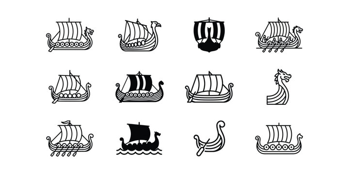 Set of viking longship icons and drakkar boat symbols.