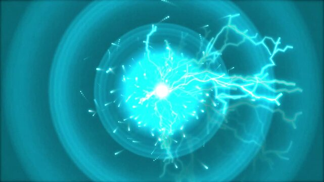 Abstract cyan plasma energy ball with electric lightning strikes and concentric ripple background in motion