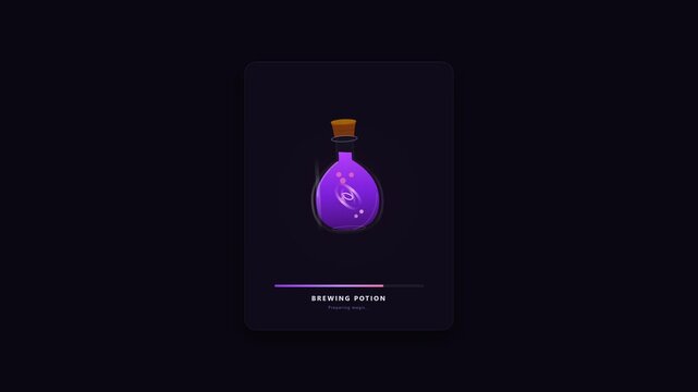 Large hero cinematic Halloween potion bottle brewing loader animation with lagging liquid physics, dynamic vortex, rising bubbles, and magical energy peak.