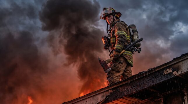 A brave firefighter holding an axe while standing on a burning house roof surrounded by thick smoke.