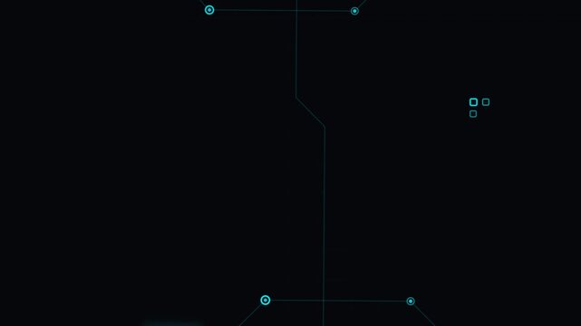 Abstract futuristic HUD circuit interface with glowing cyan lines on black background