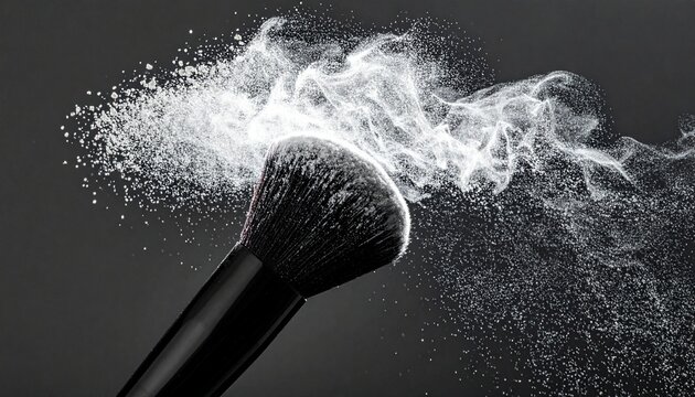 Black makeup brush with dramatic powder cloud