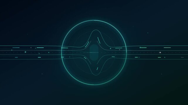 Futuristic circular data interface displaying abstract oscillating energy wave patterns technology cybernetic network data glowing lines holographic
