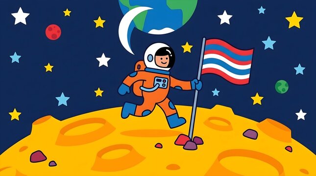 Cute cartoon astronaut walking on moon surface with flag in space