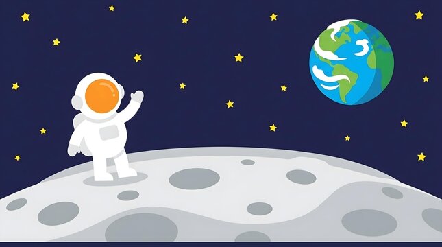 Cartoon Astronaut Waving on Moon Surface with Earth in Background