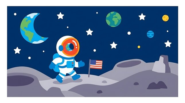 Astronaut Walking on Moon Surface with Flag Cartoon Illustration