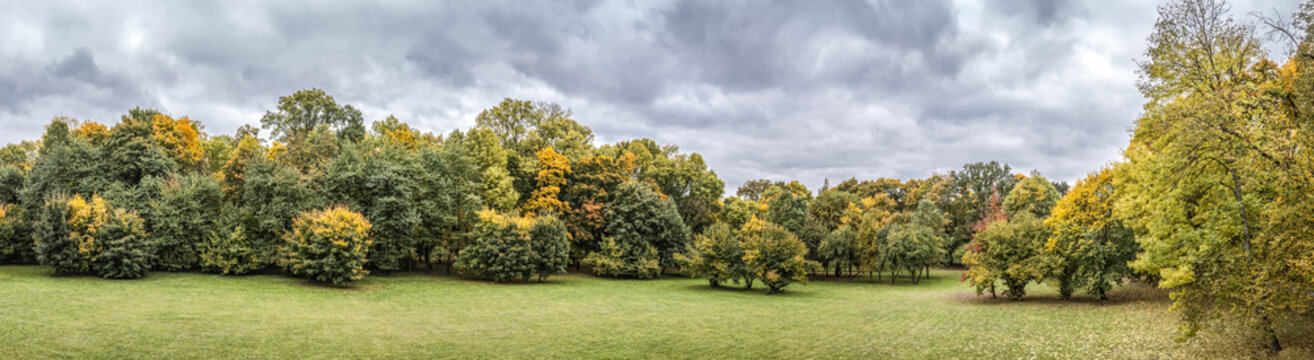 multicolored trees on dramatic cloudy sky background. autumn park landscape. panoramic drone photo.