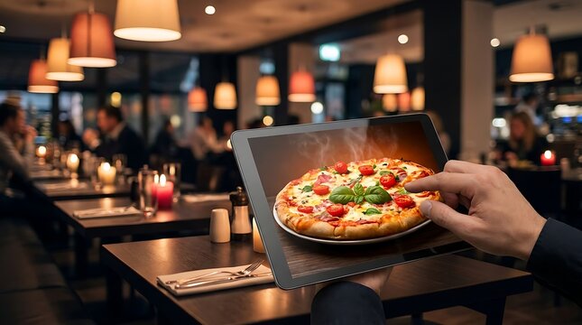 Augmented Reality Pizza Display in Restaurant Setting.