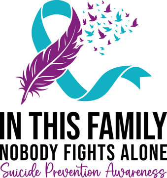 Teal and purple ribbon with feather and flying birds, suicide prevention awareness typography design, for family support, medical health campaigns.