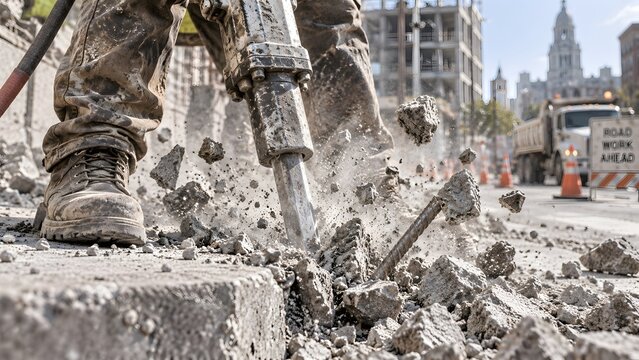 Construction worker operating heavy pneumatic jackhammer breaking concrete pavement on urban street, demolition work, road repair, infrastructure maintenance, engineering and construction site concept
