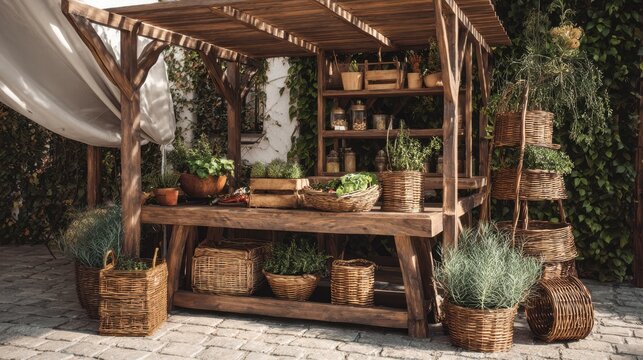 Rustic Outdoor Market Stall With Potted Herbs