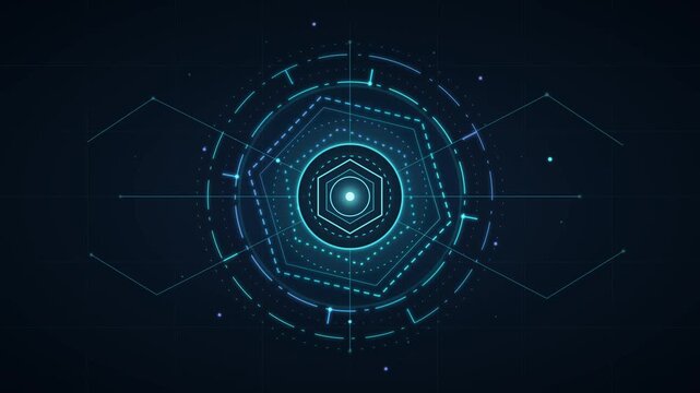Abstract hexagonal digital interface hud with concentric geometric circular patterns concentric circles geometry futuristic technology background glowing lines