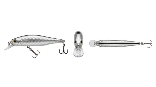 Silver minnow lures display isolated on white background, artificial bait tackle store banner and fishing gear mockup
