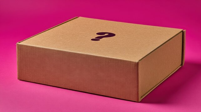 Mysterious brown package with question mark on pink background for unboxing and surprise themes