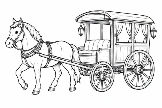 Black and white line art illustration of a horse pulling a vintage stagecoach