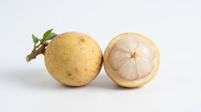 Whole and halved longkong fruit isolated on white background