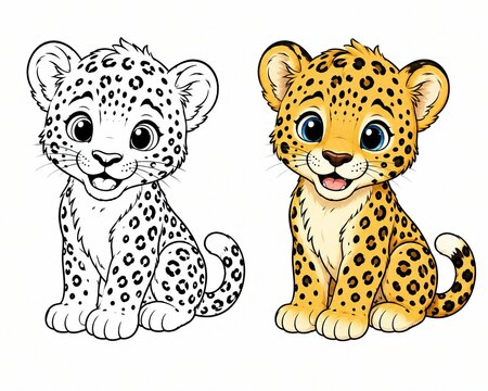Cute baby leopard cub drawing and coloring page isolated on a white background