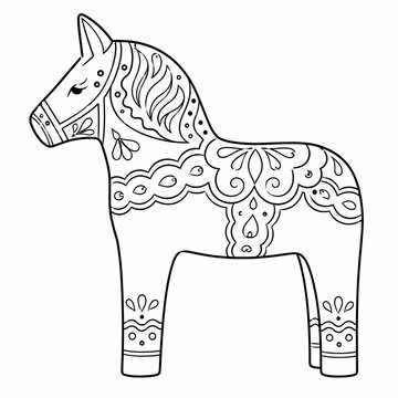 Traditional Swedish Dala horse line art illustration with detailed floral patterns