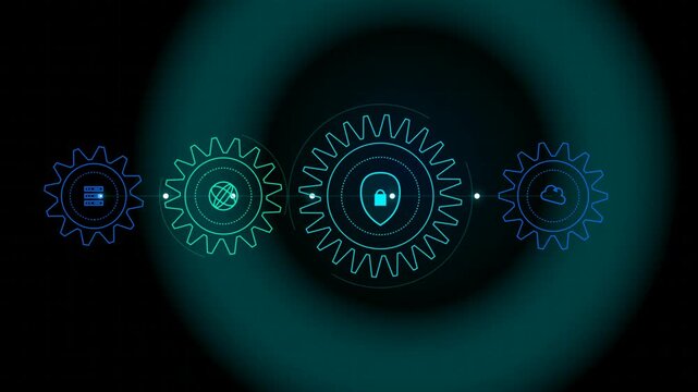 Digital technology concept showing interconnected gears with icons for data server globe security and cloud