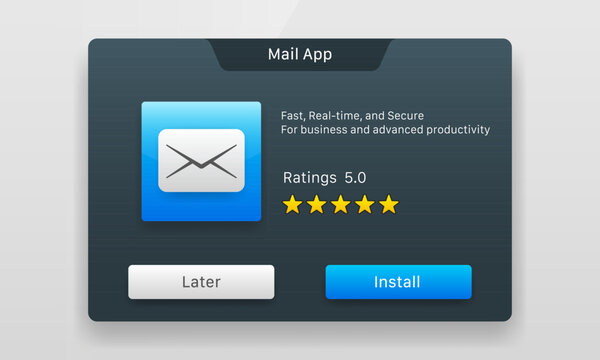 Dark theme mail app installation promotion popup user interface design template