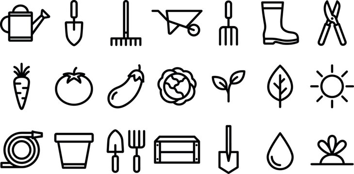 Gardening tool and backyard agriculture line icons set with trowel rake wheelbarrow boot and vegetables vector