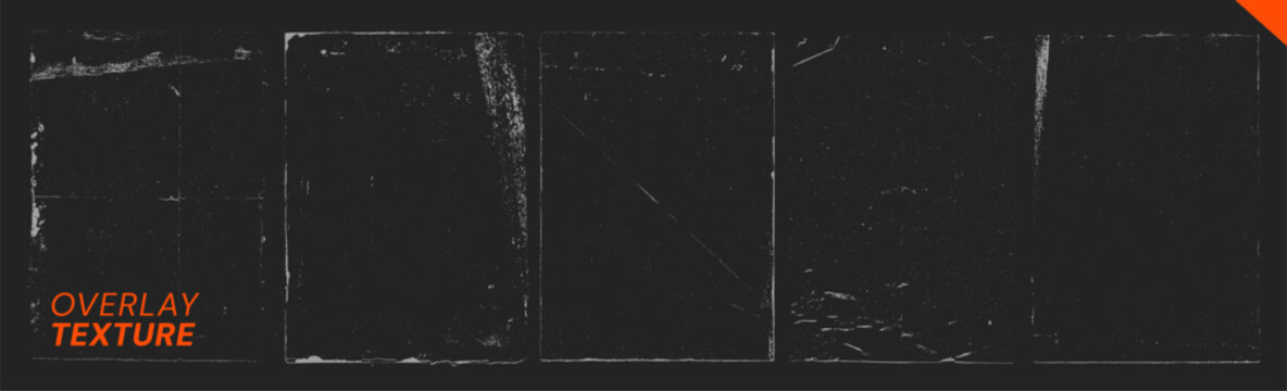 Photocopy overlay texture set with grain speckles and folded paper effect. Grunge old worn edges frames, dusty poster background set. Grainy photocopy effect background overlay.