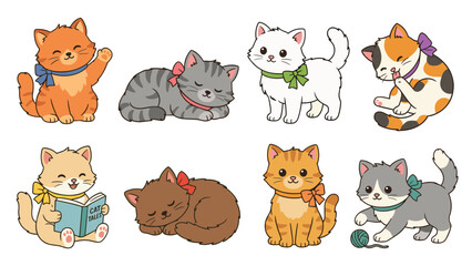 Obraz premium Set of eight cute cartoon kittens in various poses, including sleeping, reading a book, playing with yarn, and wearing colorful bow ties