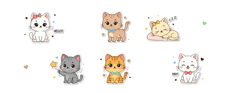 Set of six cute chibi cat stickers with various expressions, poses, and accessories including bows, a star wand, and zzz sleep text on a white background