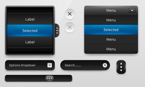 Dark theme UI dropdown menu and navigation control kit user interface design template