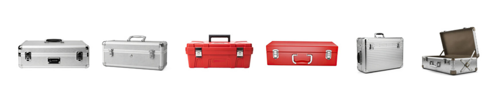Collection of metal tool cases. The cases are various colors including silver, red, and orange.