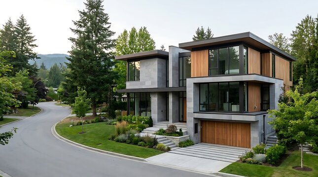 Modern luxury duplex house exterior with contemporary wood and stone architecture design.
