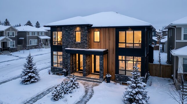 Modern duplex house exterior with stone and wood facade in a snowy winter neighborhood