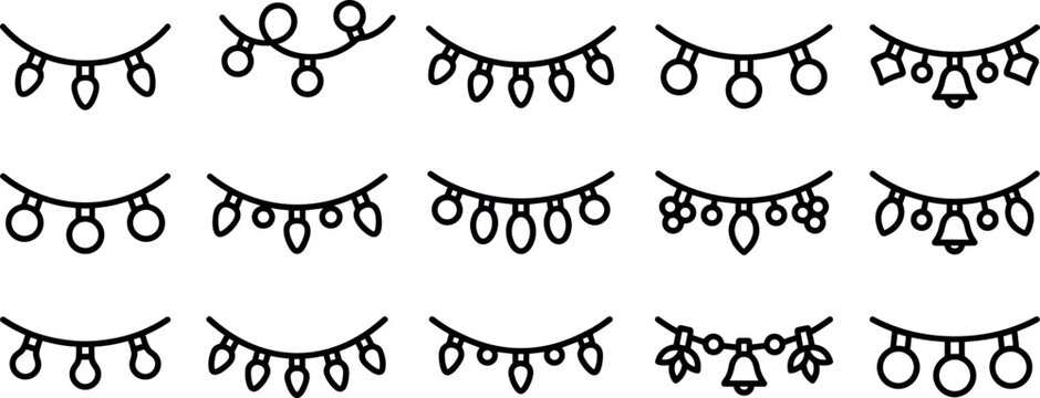 Christmas fairy lights garland line icon set featuring celebration party hanging bulbs decor for festive website graphic design