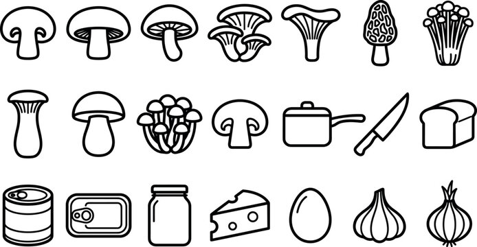 Edible mushrooms and cooking ingredients line icon set featuring organic fungi vegetables and grocery kitchen symbols for recipe website design