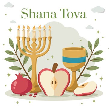 Shana Tova Jewish New Year menorah apple and kiddush cup illustration