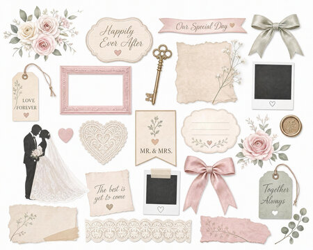 Wedding scrapbook clip art set with bride, groom and roses