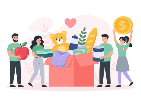 Volunteers donating food, clothes, and money to charity box illustration